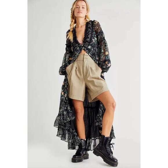 Free People Cassis Printed Chiffon Midi Dress Flowy Ruffles Floral Black Small - Picture 2 of 12